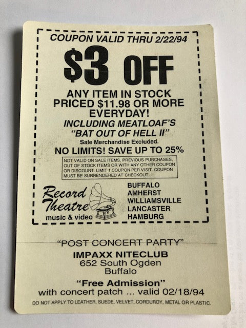 Meat Loaf - Bat Out of Hell Tour 1994 - Shea Theatre - Backstage Pass