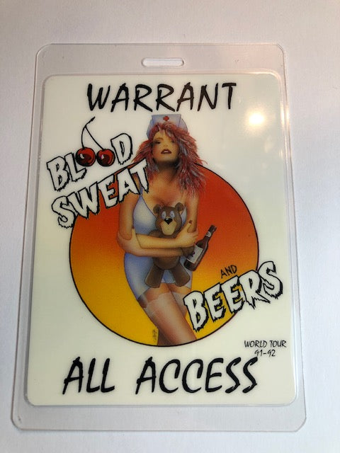 Warrant - Blood Sweat & Beers Tour 1991-92 - Backstage Pass